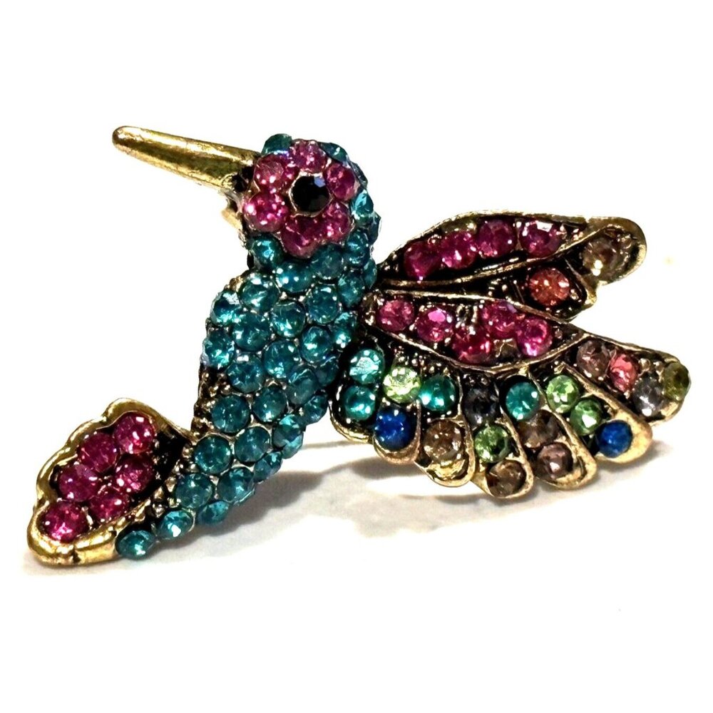 Brooch Hummingbird Pin Rhinestones Gold tone Plated scarf Bling Sparkles Gift
